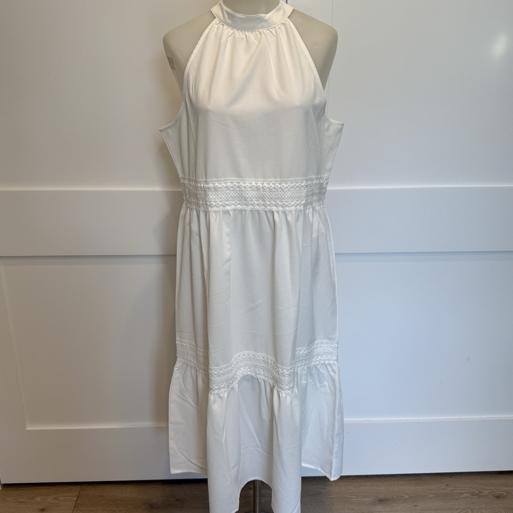 Women's XL White Halter Midi Dress Crochet Lace Trim Tiered Boho Resort Wedding
